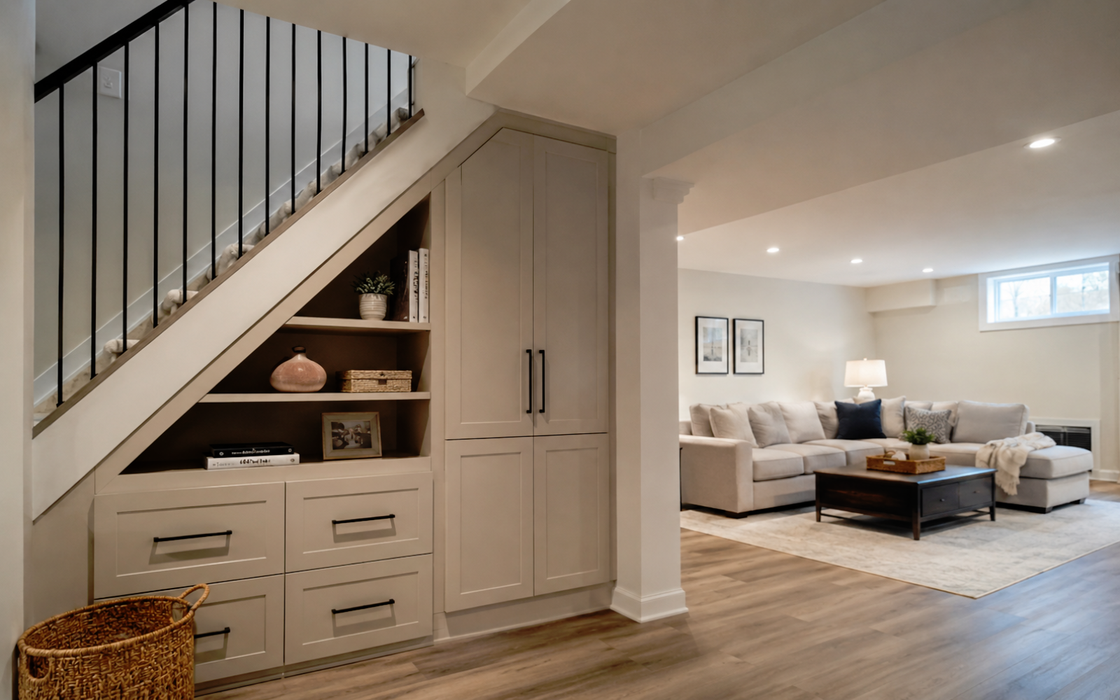 Finished basement built-in storage and under-stair cabinetry with family living space in a Toronto home