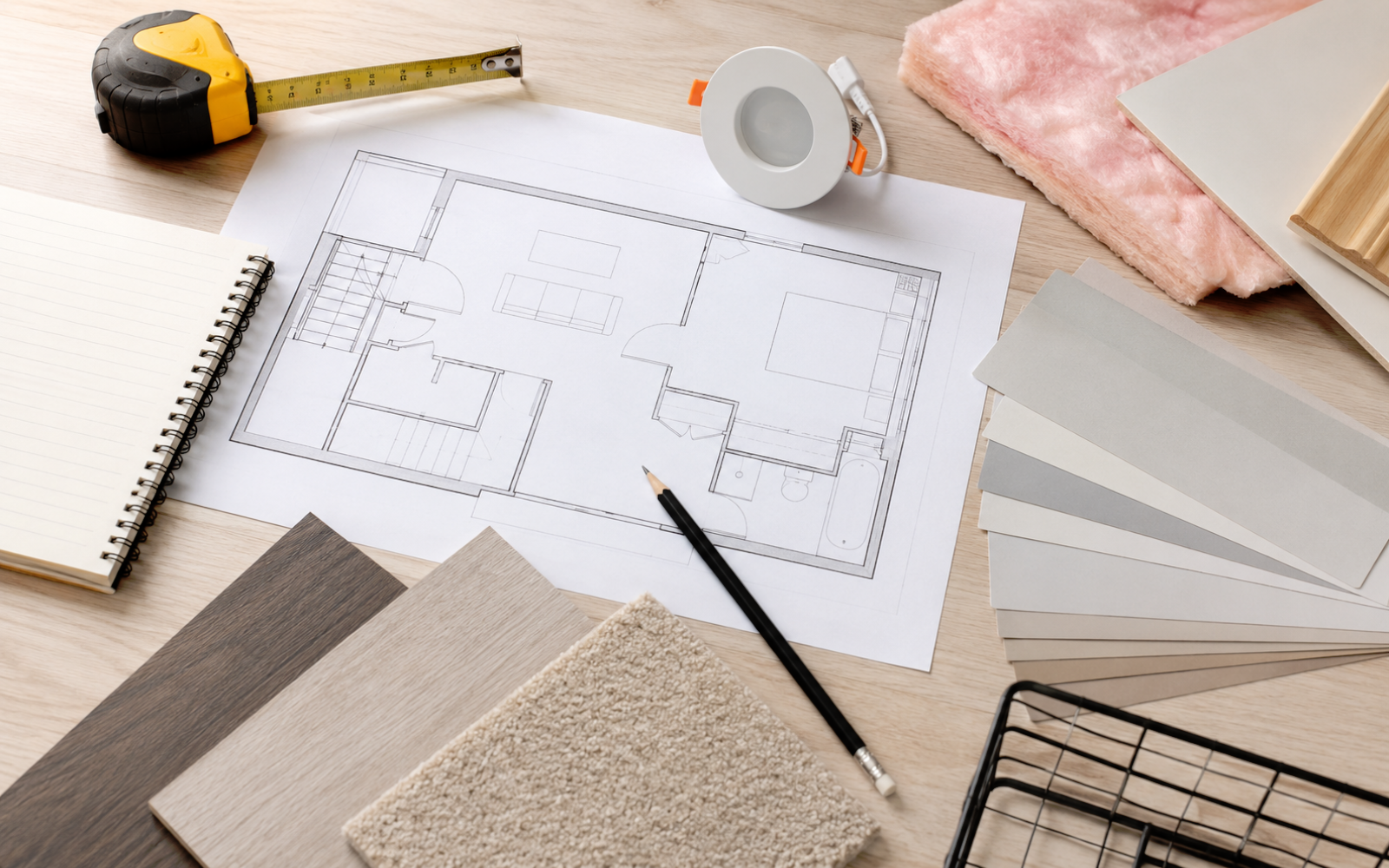 Basement renovation planning with floor plan, measuring tape, lighting, insulation, flooring, and finish samples