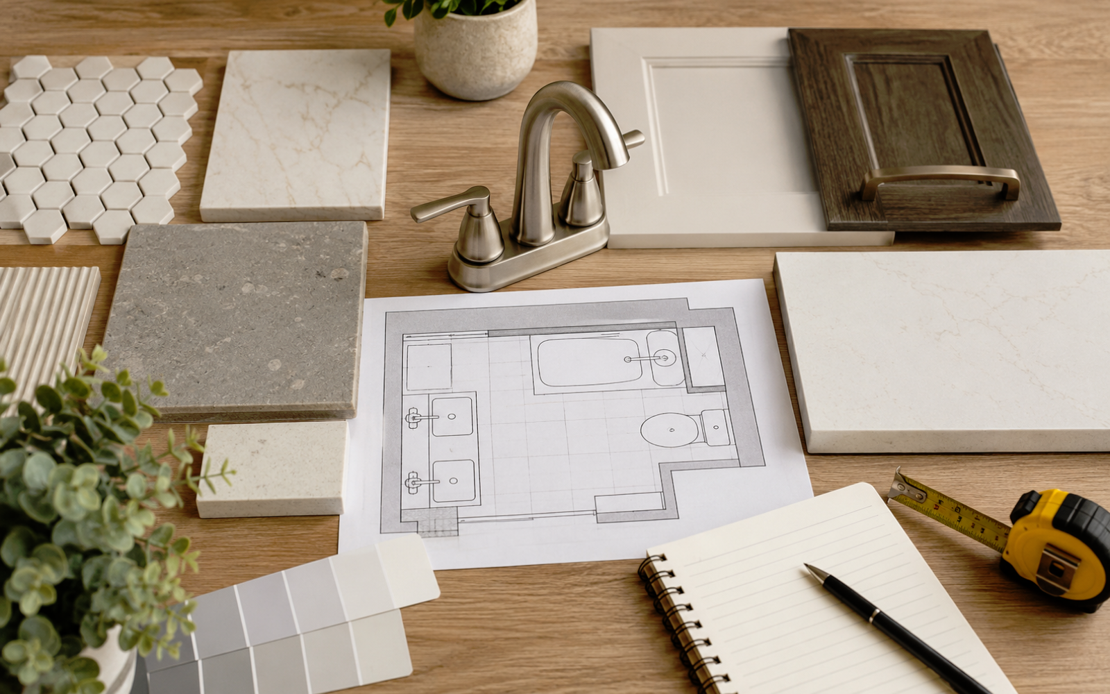 Bathroom renovation planning with tile samples, vanity finishes, fixture options, and estimate notes