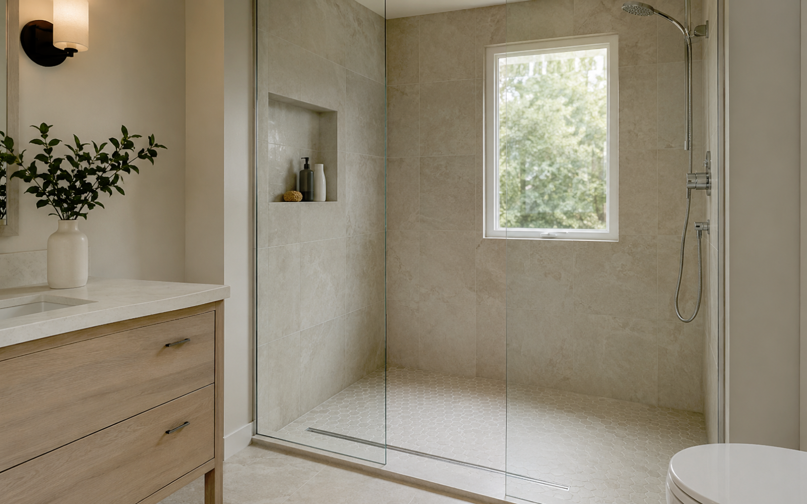 Bathroom shower renovation detail with glass enclosure, tile transitions, drainage, and waterproofing planning