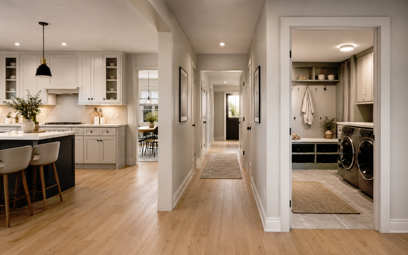 Renovated Toronto home interior showing connected kitchen, hallway, laundry area, flooring, trim, lighting, and cabinetry finishes