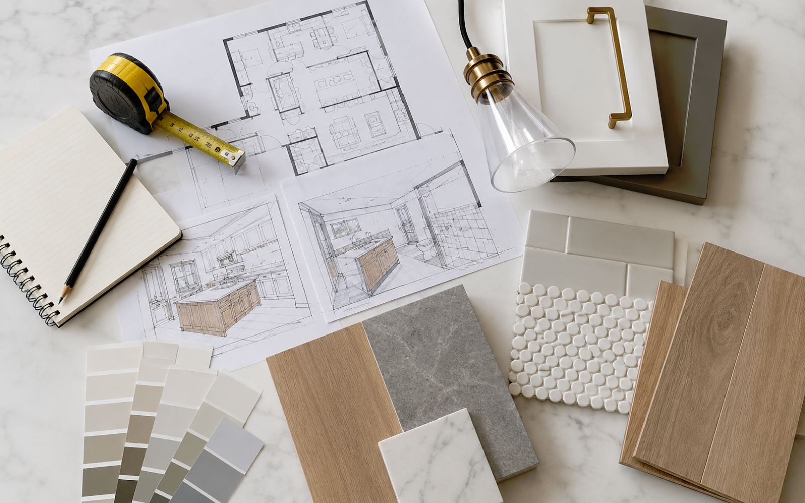 Full home renovation planning with floor plans, measuring tape, cabinet finishes, tile, flooring, lighting, and material samples