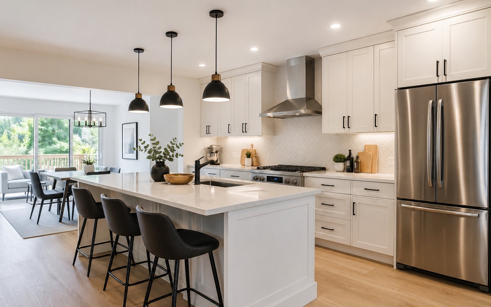 Toronto kitchen renovation with island, cabinetry, lighting, storage planning, and modern finishes