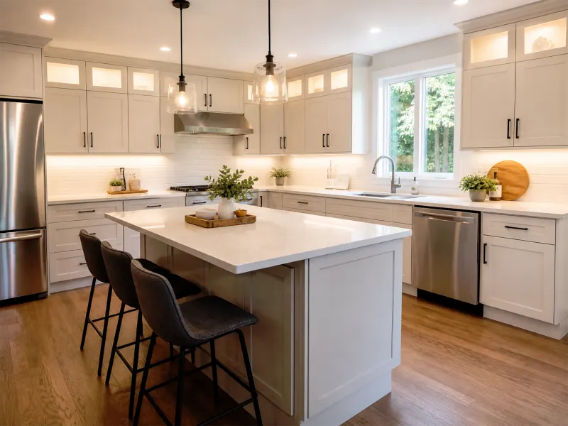 Bright Toronto kitchen renovation with updated cabinetry, island, lighting, storage, and warm family-friendly finishes