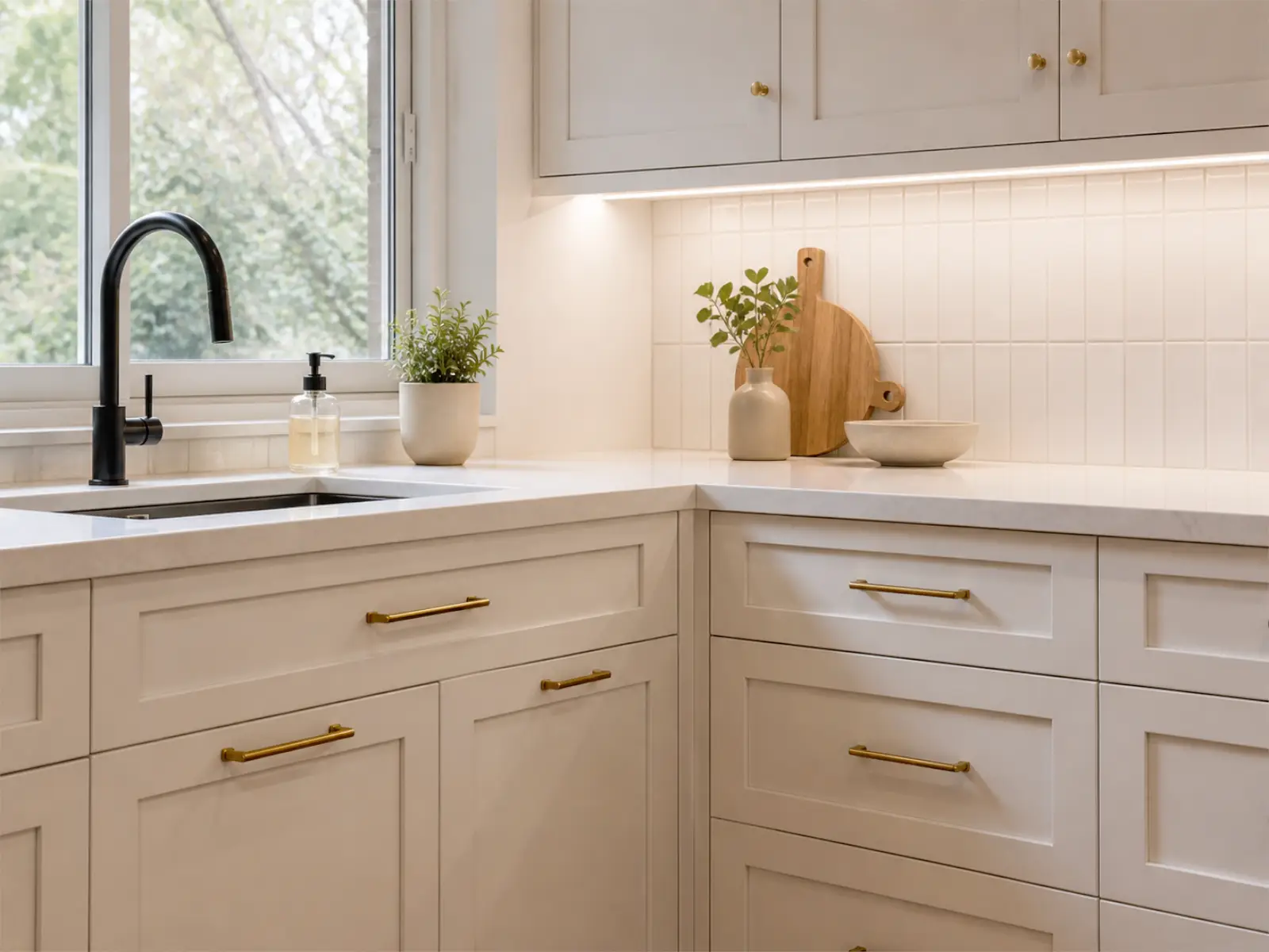 Kitchen cabinetry and finish details with countertop backsplash hardware and coordinated materials
