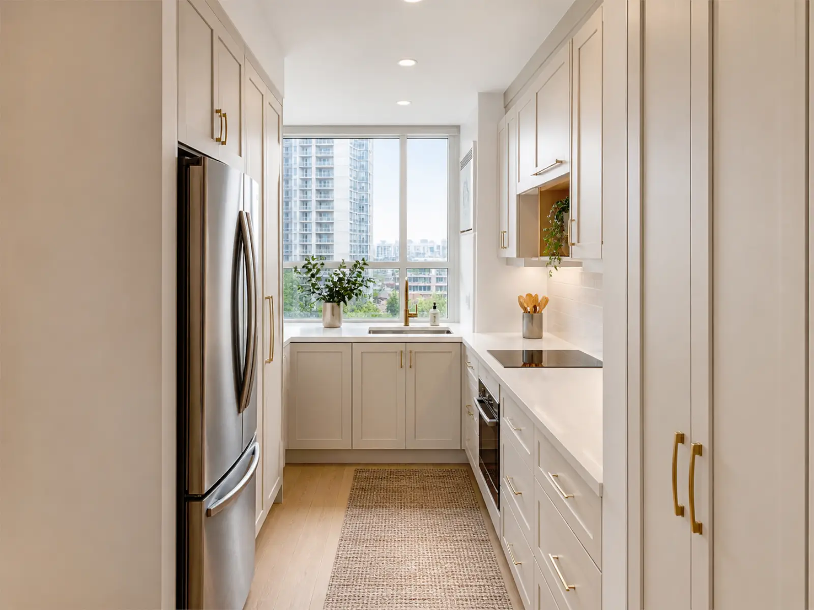 Compact Toronto condo kitchen upgrade with storage cabinetry backsplash and lighting