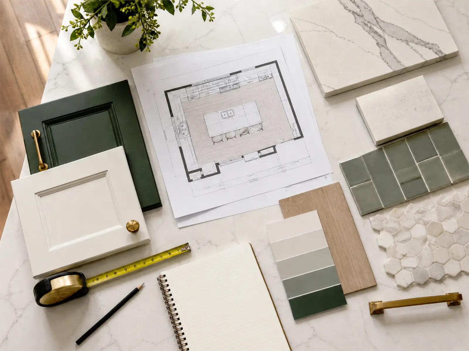 Kitchen renovation planning with material samples, drawings, and estimate notes