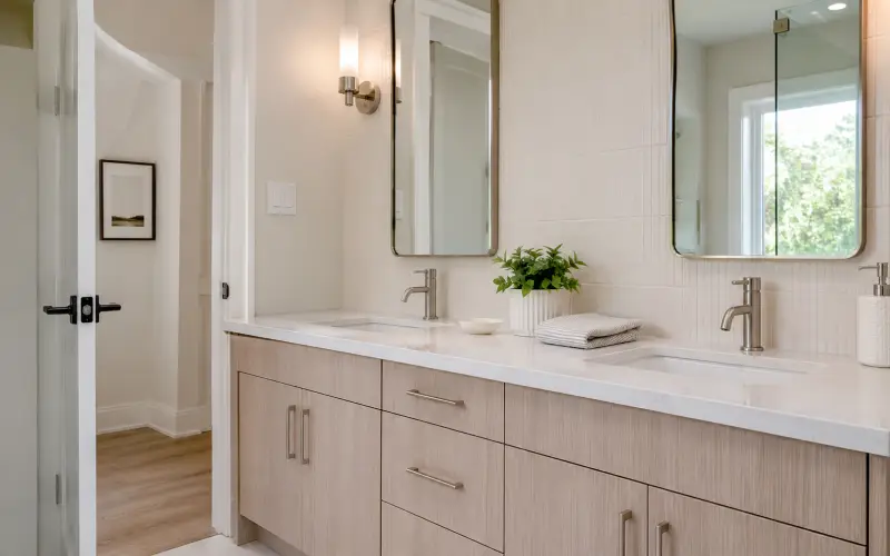 Clean renovation finish details with bathroom vanity cabinetry and trim in a Toronto GTA home