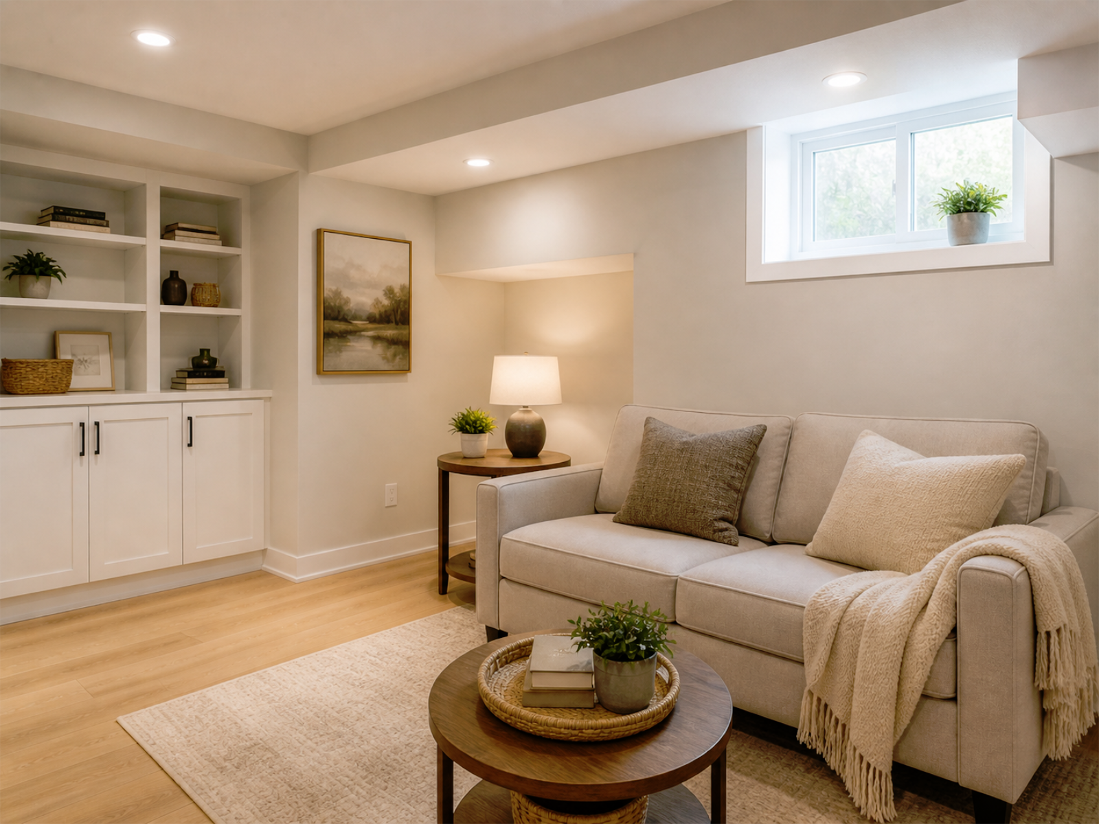 Finished basement renovation designed for warmer daily comfort, brighter lighting, easier maintenance, storage, and long-term everyday use