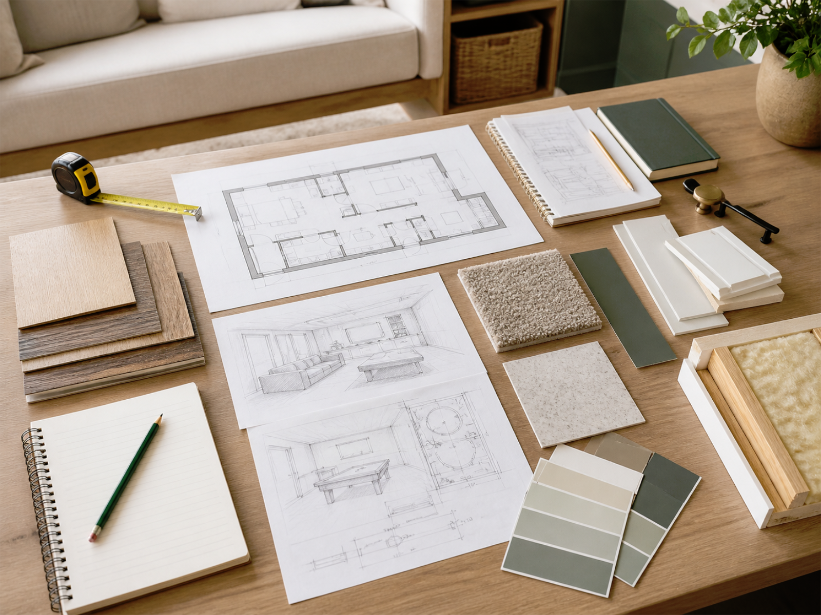 Basement renovation planning with layout notes, finish samples, lighting selections, flooring options, and estimate details