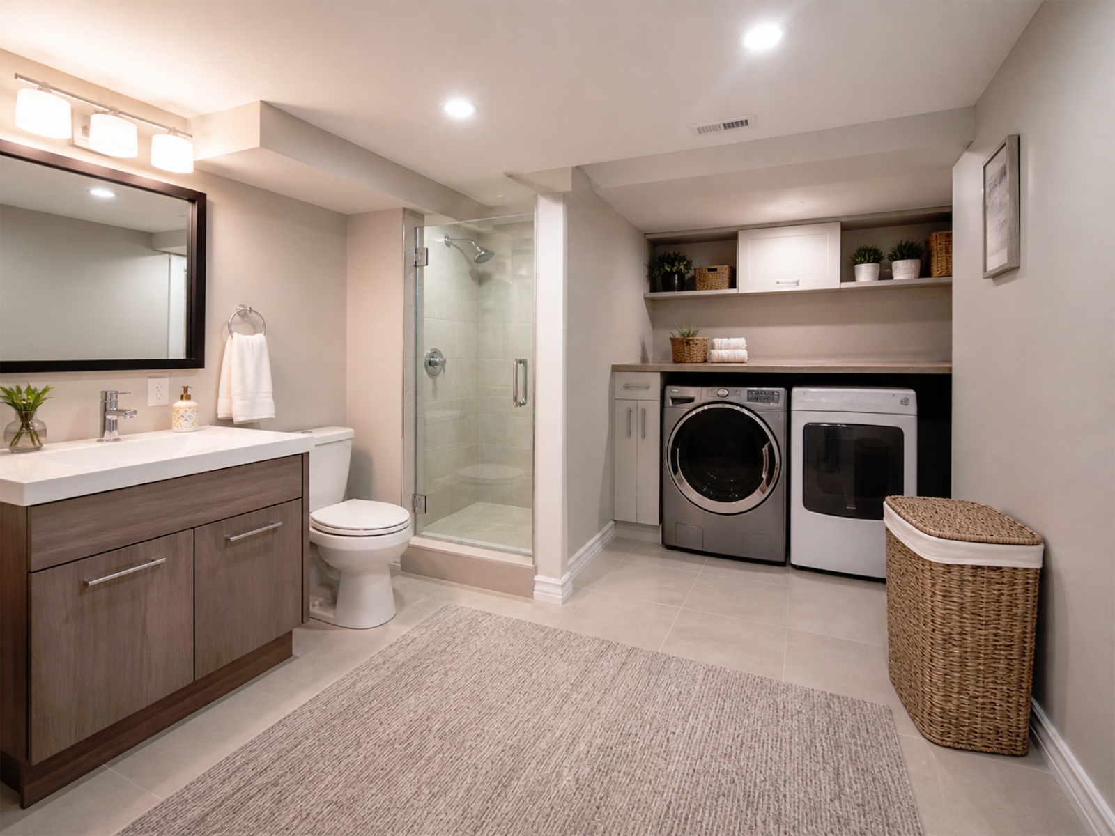 Basement bathroom and laundry renovation area with clean finishes, practical storage, and plumbing planning