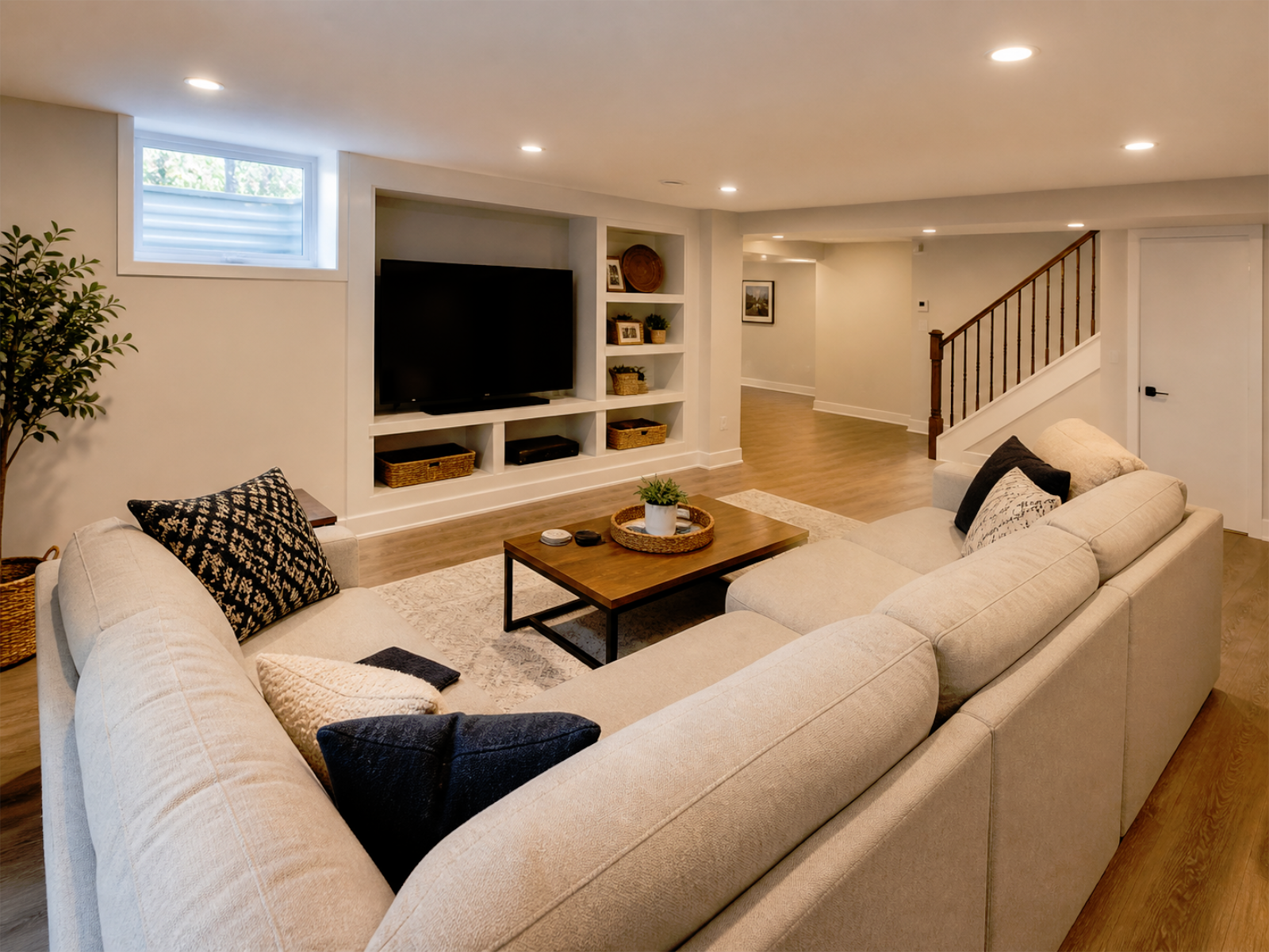 Finished basement family living space with warm lighting, neutral finishes, comfortable seating, and practical flooring