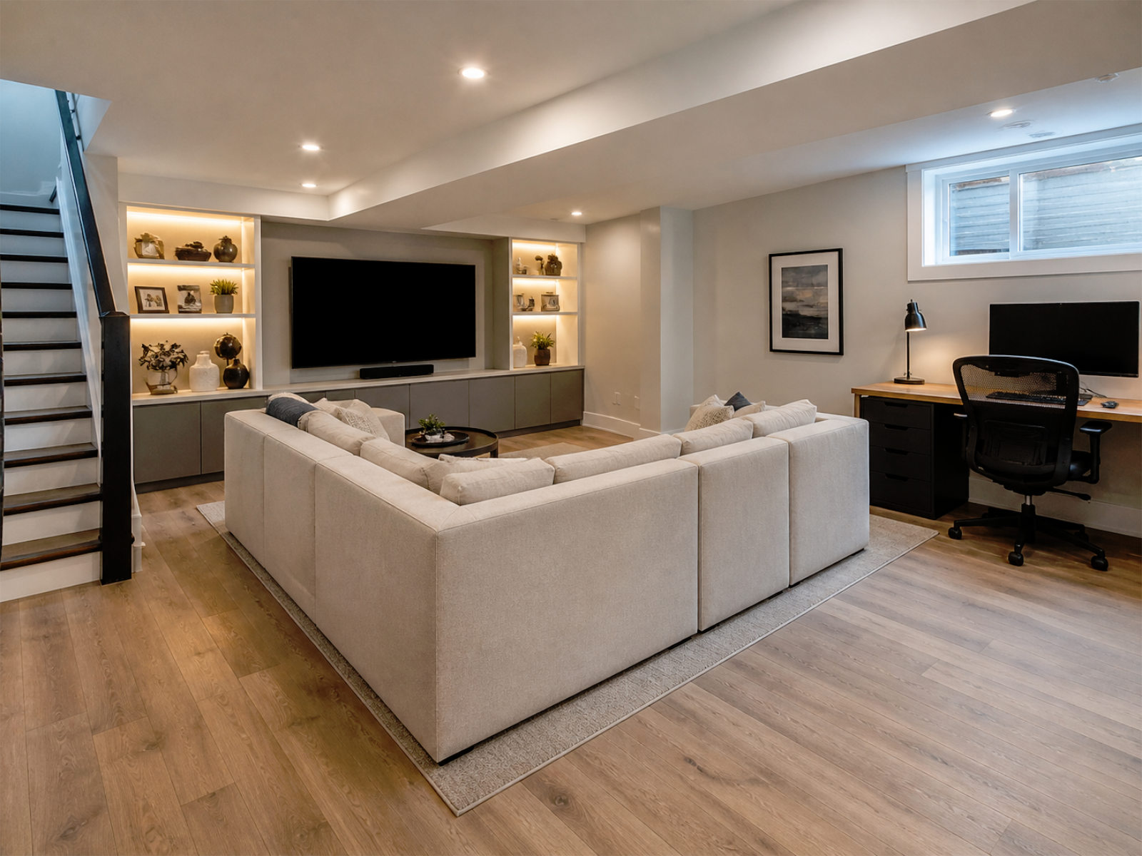 Finished basement media room and home office zone with recessed lighting, warm finishes, and organized layout