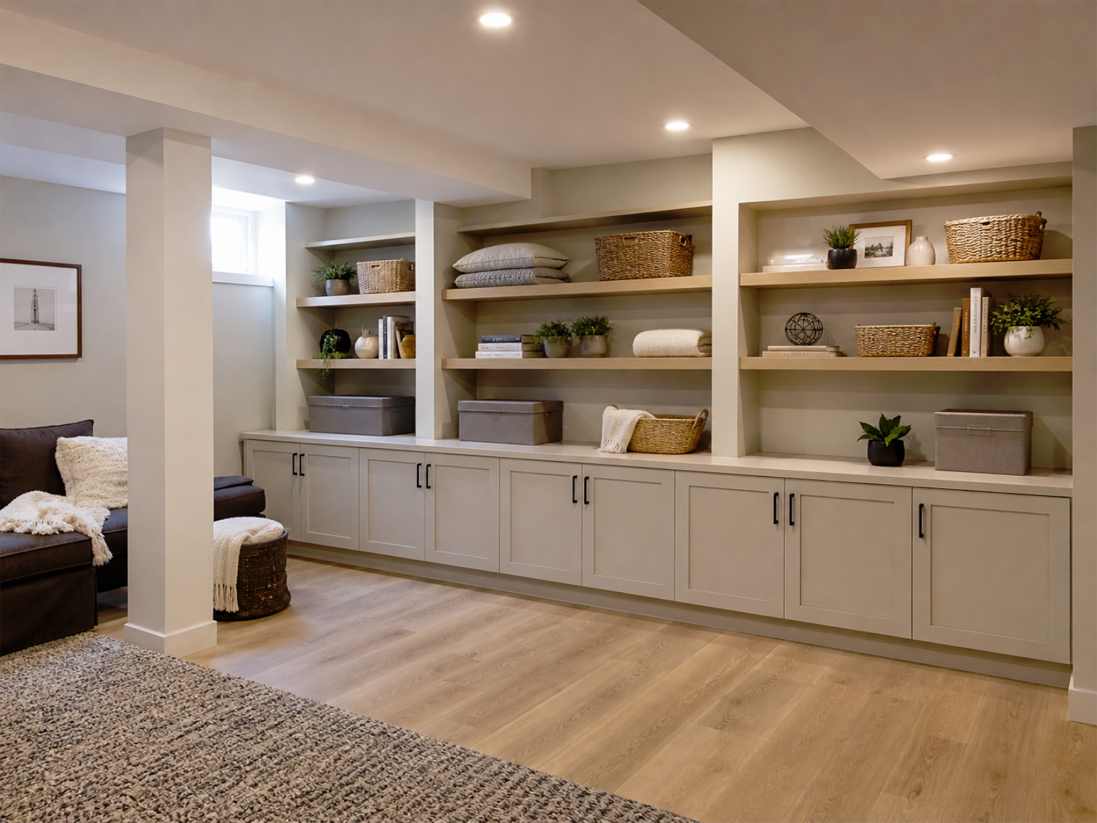 Basement storage and built-ins with organized cabinetry, warm finishes, and practical lower-level renovation details