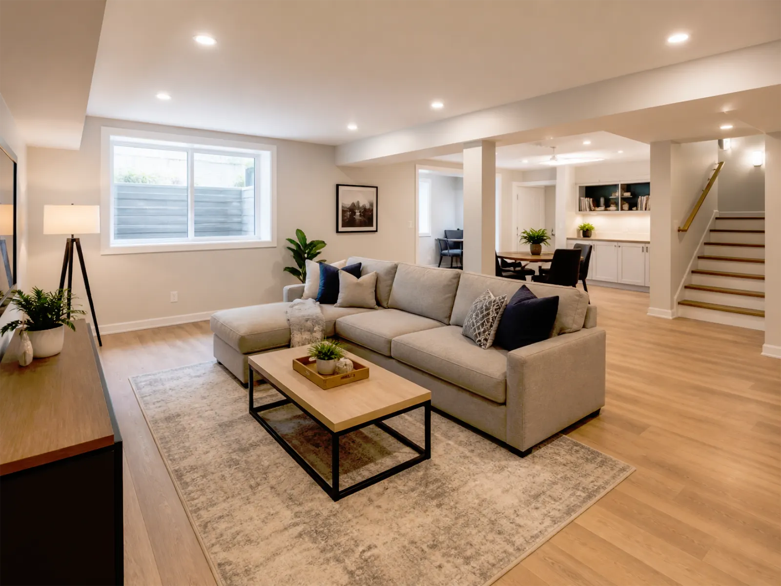 Finished basement renovation with warm lighting, family living space, storage, and practical Toronto home layout