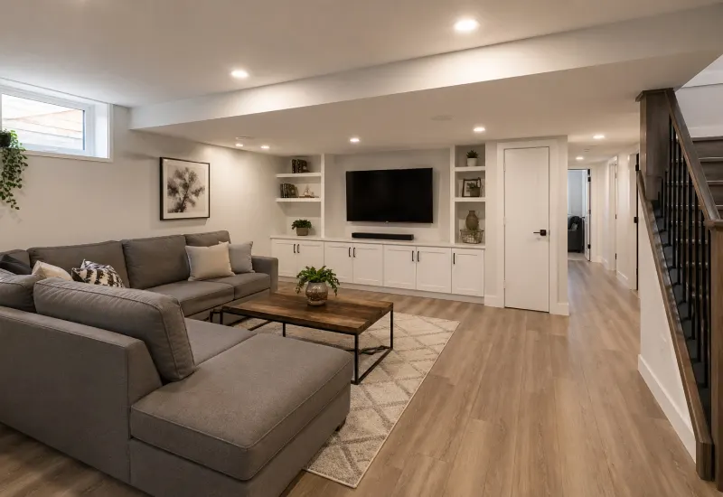 Finished basement renovation with living area and built-in storage