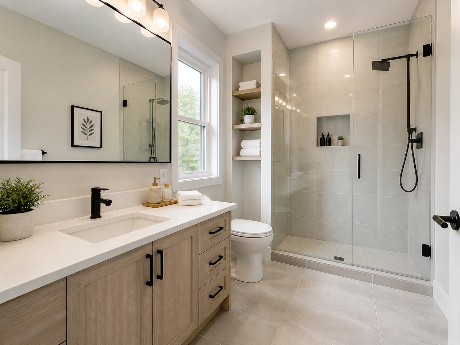 Bright bathroom renovation designed for daily comfort, easy cleaning, moisture control, storage, and long-term value