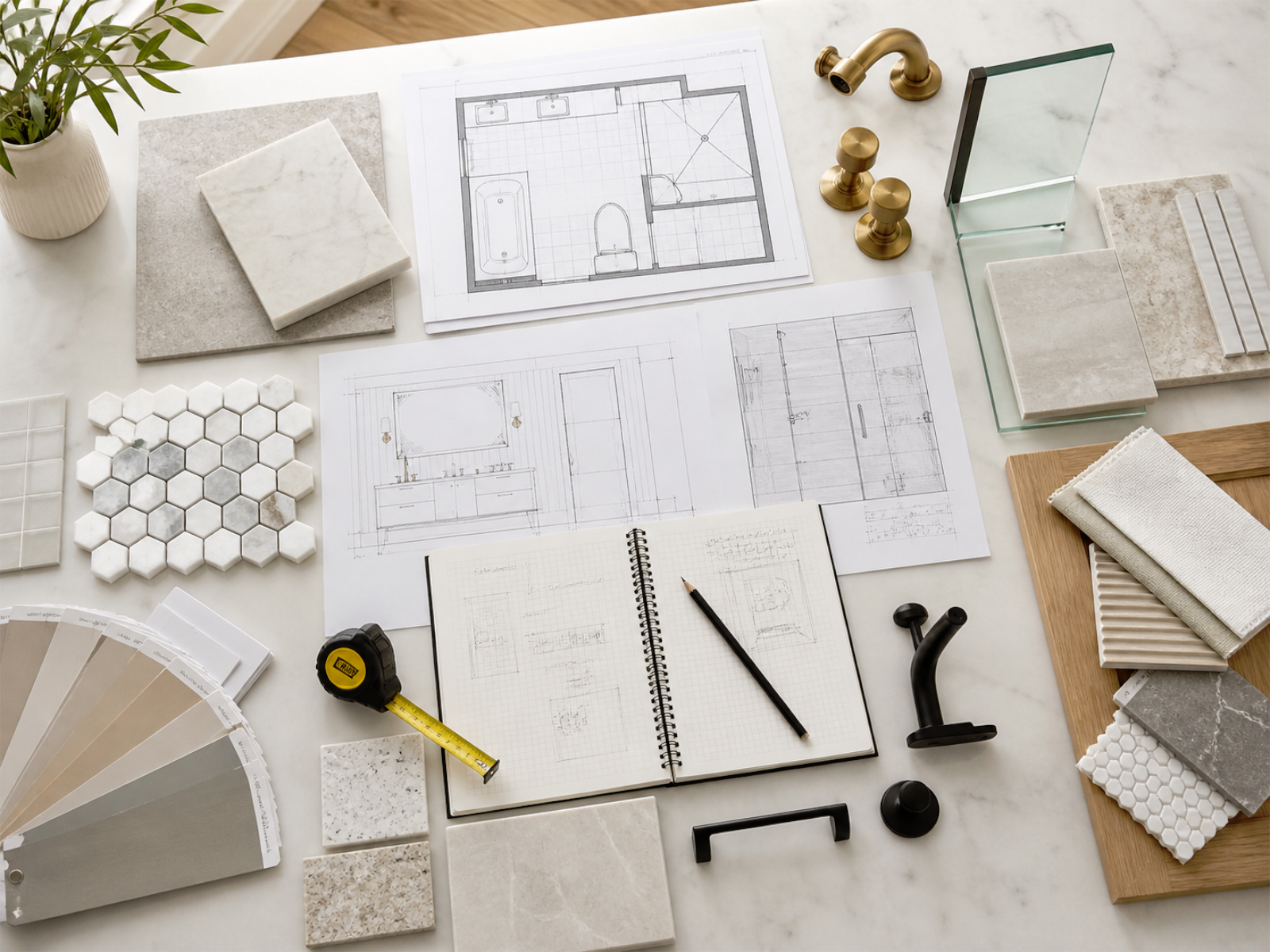 Bathroom renovation planning with floor plans, tile samples, fixture finishes, glass sample, and estimate notes