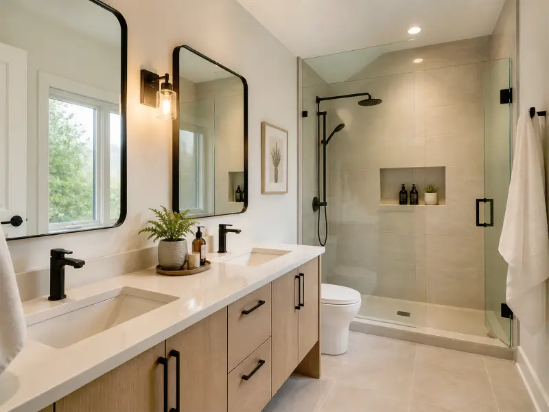 Bright bathroom renovation with vanity, glass shower, neutral tile, and updated finishes