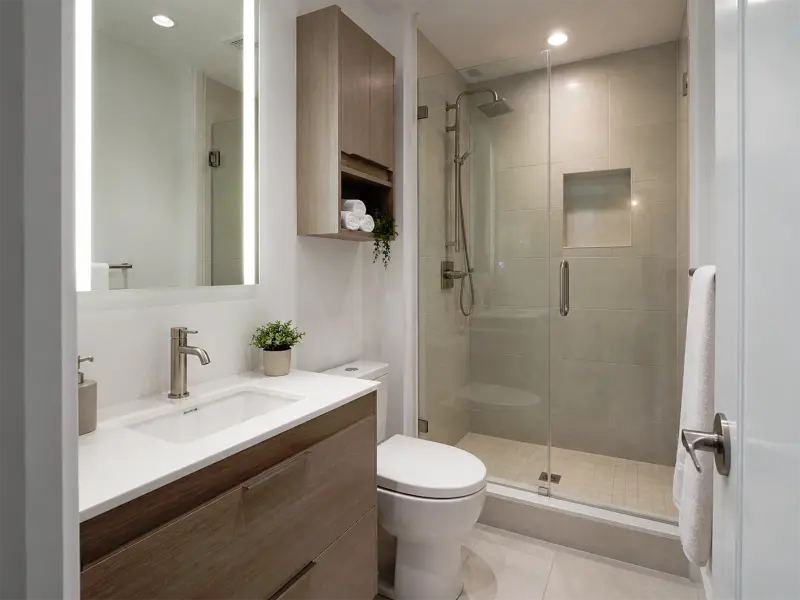 Compact condo bathroom renovation with practical storage, bright lighting, and clean finishes