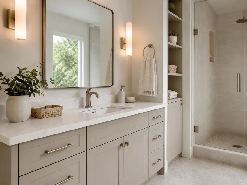 Bathroom vanity and finish details with countertop, mirror, lighting, hardware, and storage