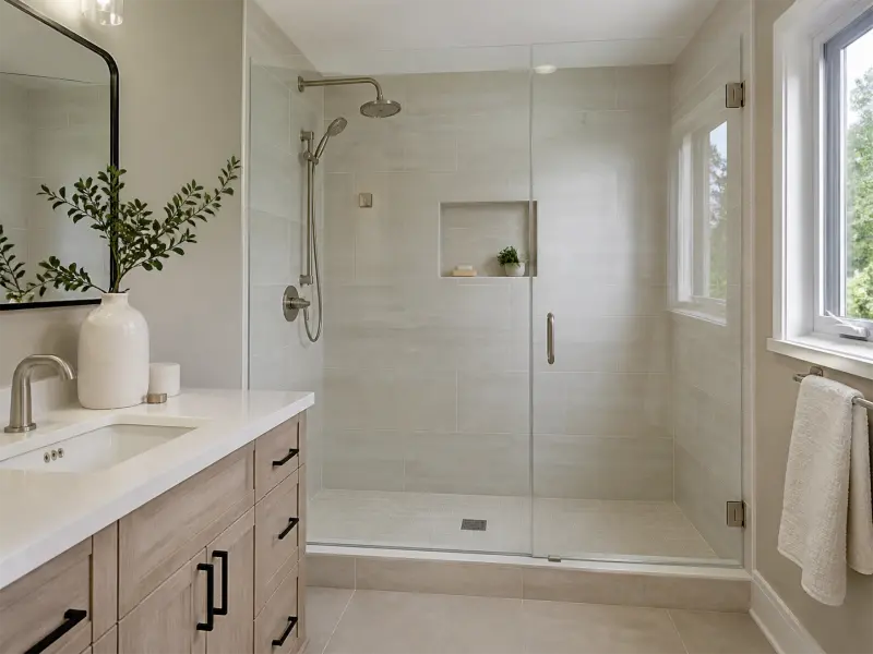 Walk-in shower renovation with glass panels, neutral tile, niche, and modern fixtures