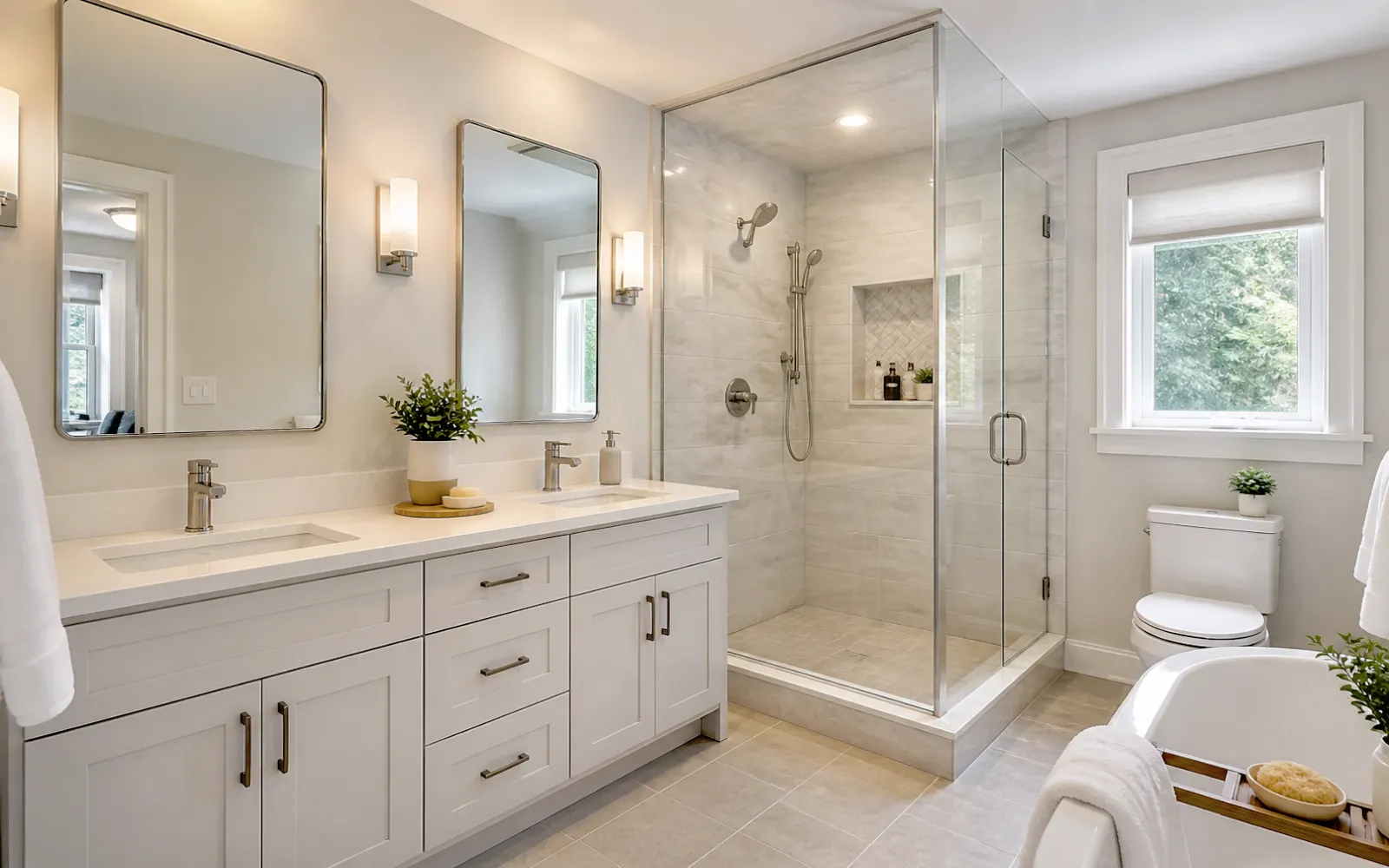 Bright bathroom renovation with walk-in shower, vanity, tile work, and modern finishes