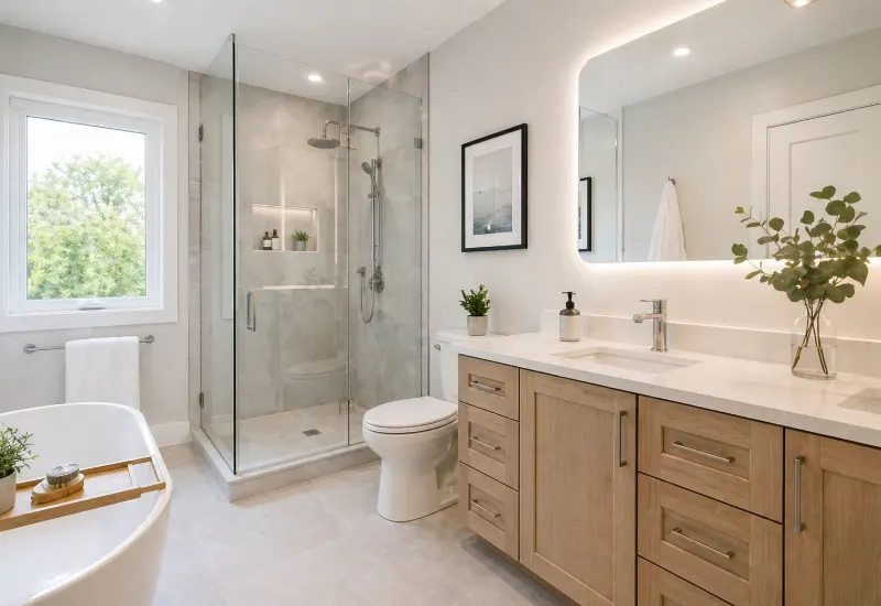 Clean bathroom renovation with vanity storage and glass shower