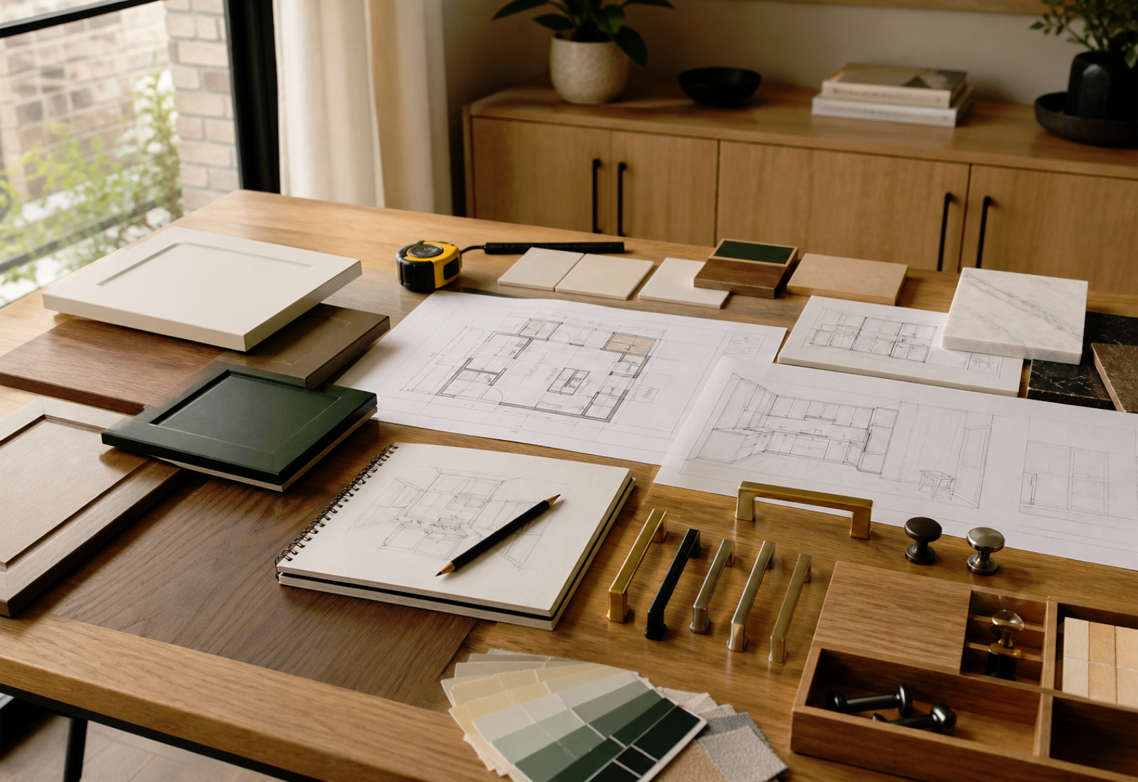 Custom cabinetry planning with cabinet door samples, finish selections, layout notes, hardware options, measurement details, and estimate planning for a Toronto and GTA home