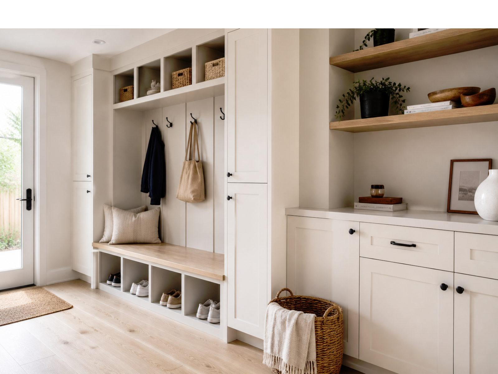 Custom built-in cabinetry and mudroom storage with closed cabinets, open shelving, bench storage, display areas, and organized entry storage