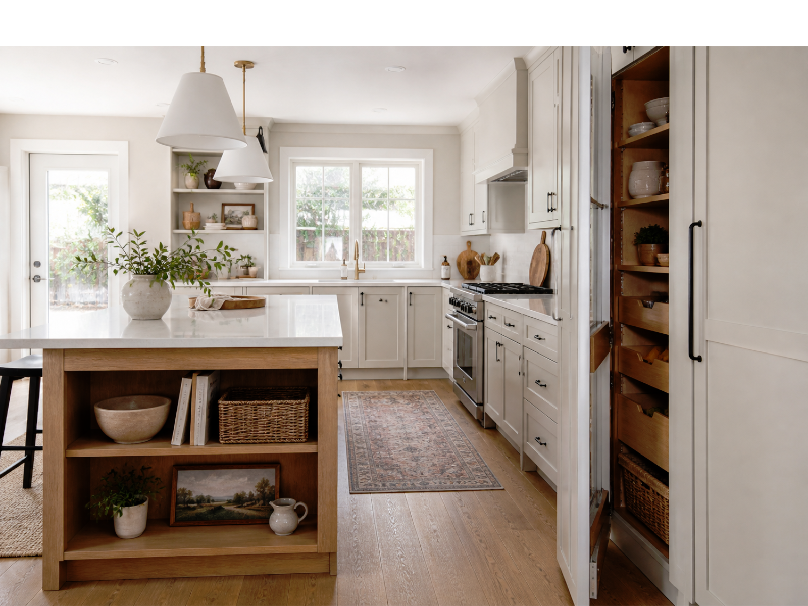 Custom kitchen cabinetry with island storage, cabinet layout planning, pantry organization, warm finishes, and coordinated hardware in a Toronto and GTA home