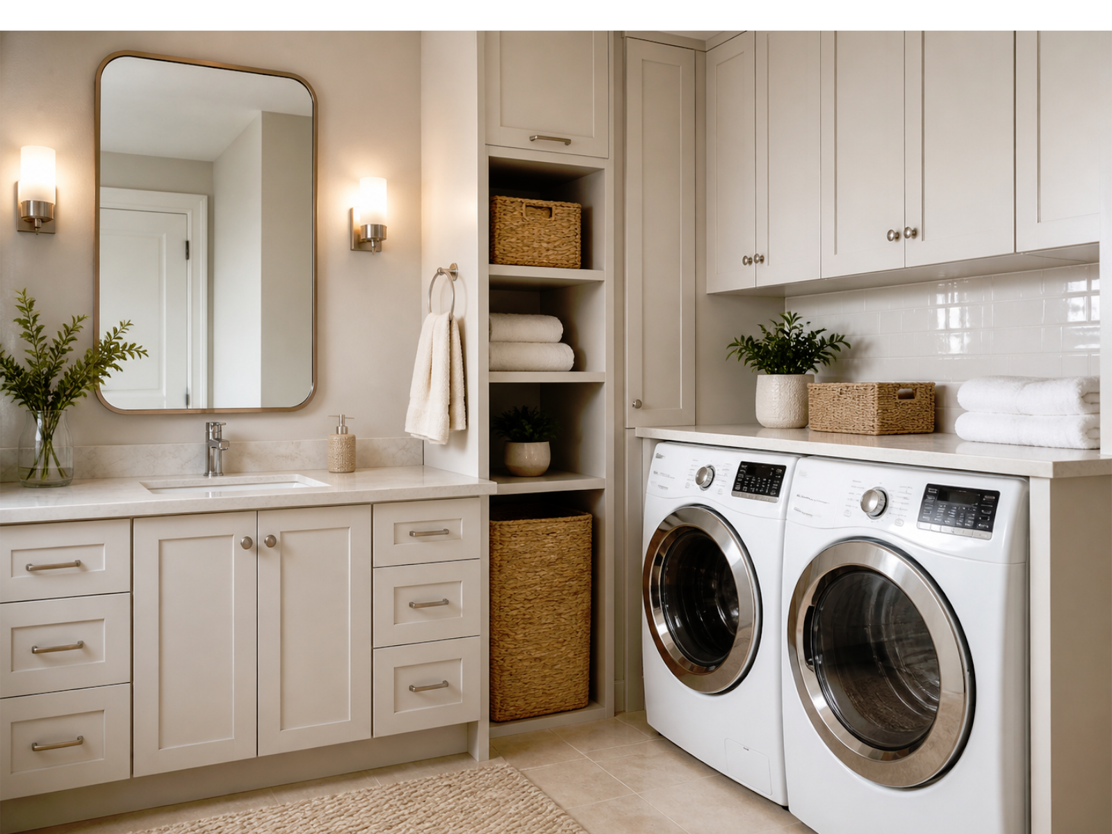 Custom bathroom vanity and laundry storage cabinetry with practical drawers, sink clearance, appliance zones, and clean finish coordination