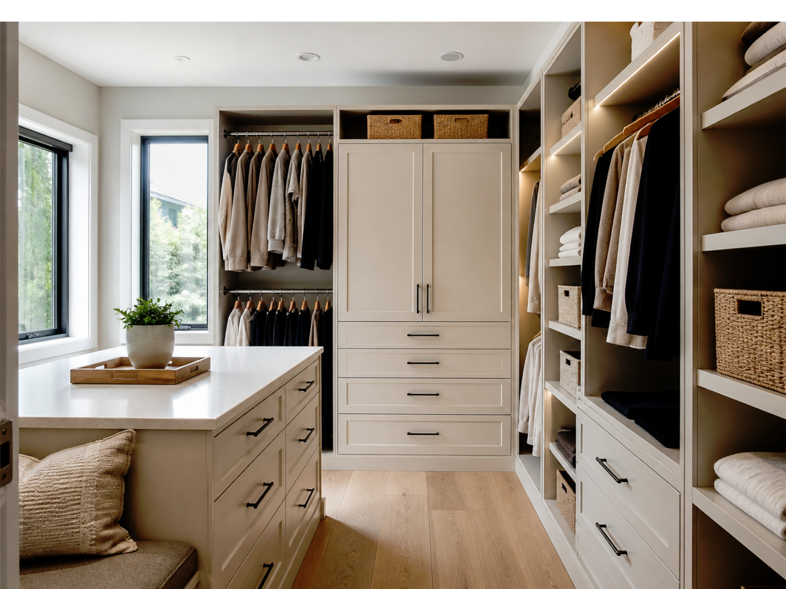 Custom wardrobe and closet cabinetry with hanging space, drawers, shelves, organizers, and coordinated finish details