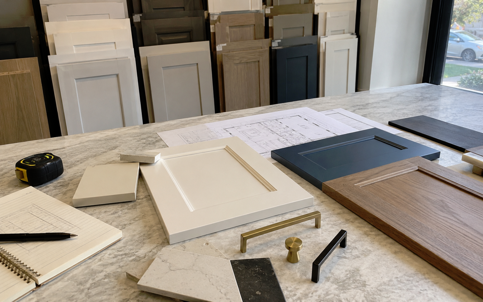 Custom cabinetry showroom sample review with cabinet doors, hardware, floor plan, countertop, and finish samples in Toronto