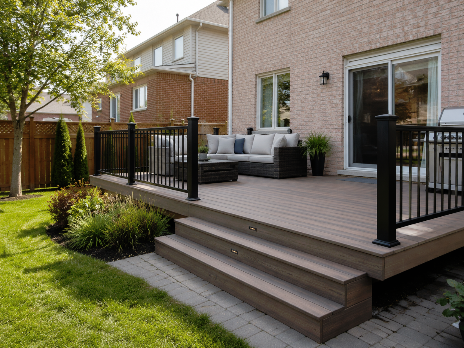 Composite backyard deck renovation project for a Toronto and GTA home with updated deck boards, railings, stairs, seating area, and practical outdoor living layout