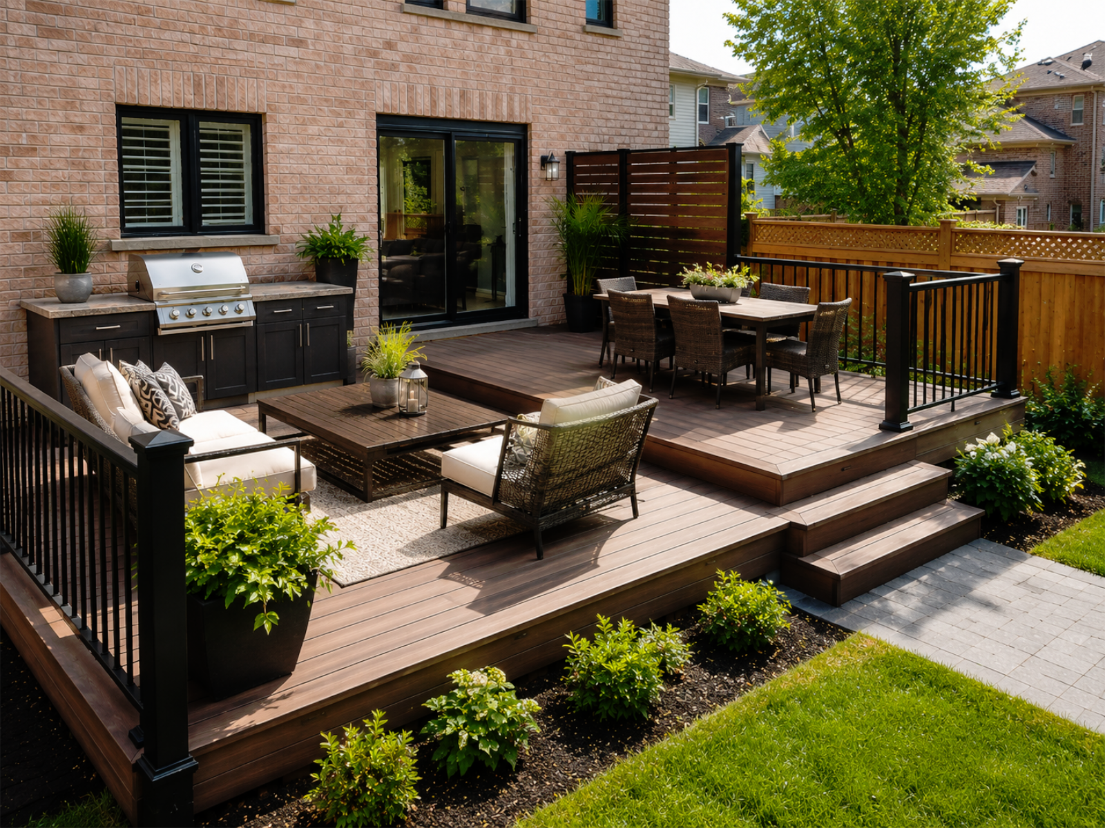 Outdoor living deck layout renovation project for a Toronto and GTA home with BBQ placement, seating and dining area, privacy screen, railing details, and finished backyard access