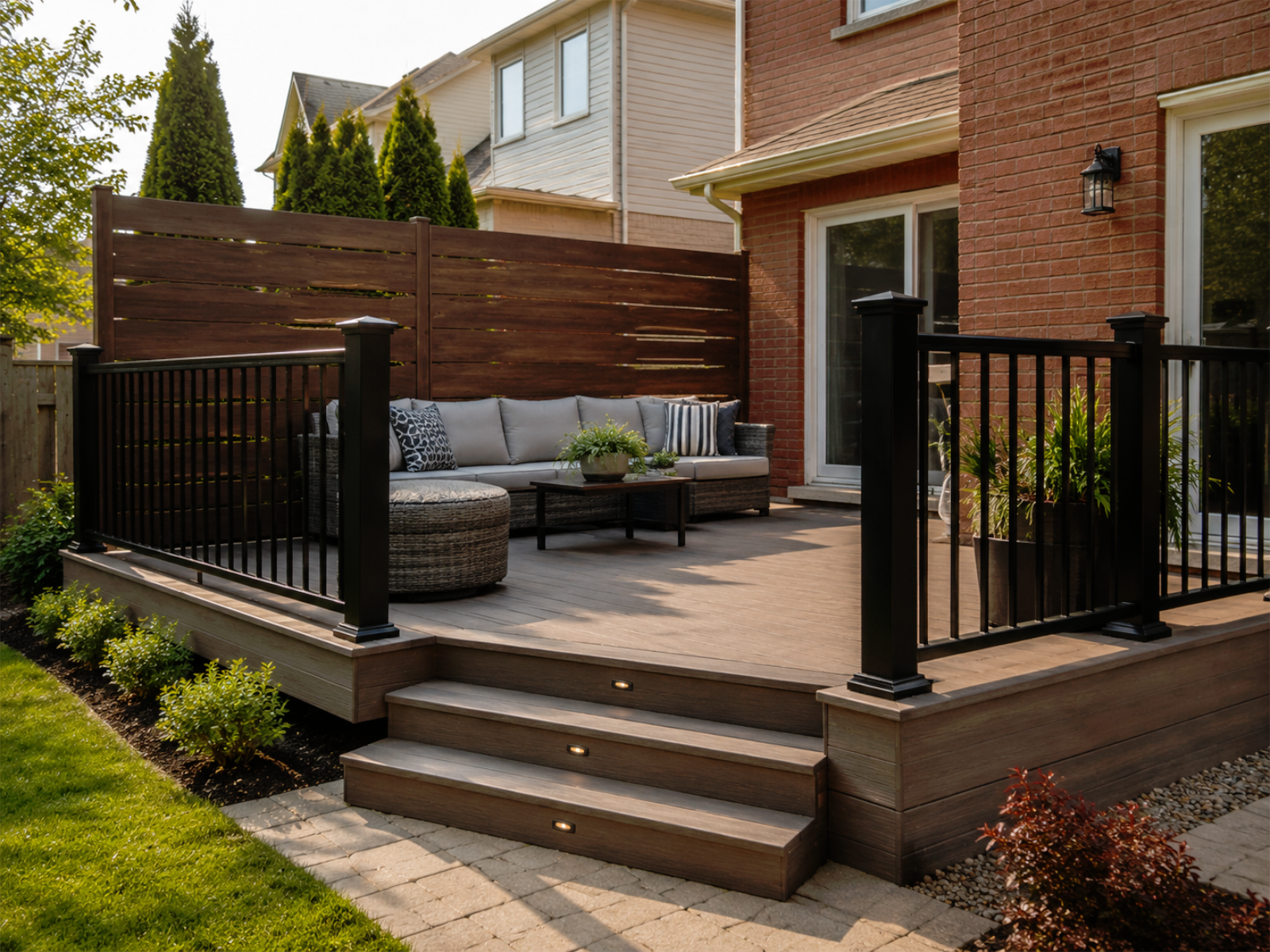 Deck railings and privacy upgrade project for a Toronto and GTA backyard with black railing posts, guard details, privacy screen coordination, seating area, and finished outdoor space