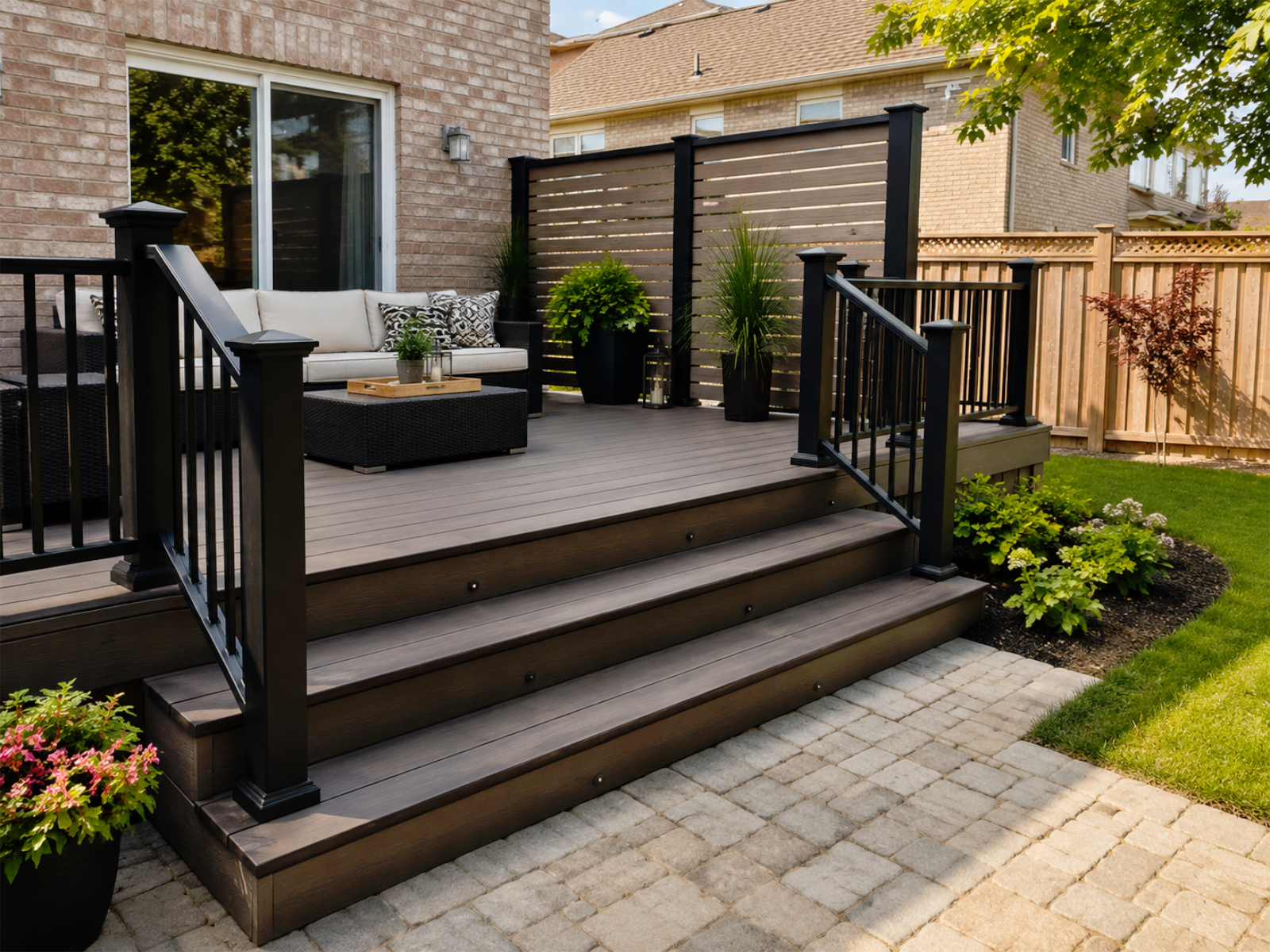 Deck stairs and surface refresh project for a Toronto and GTA home with renewed deck boards, clearer stair access, fascia trim, railing coordination, and backyard transition details