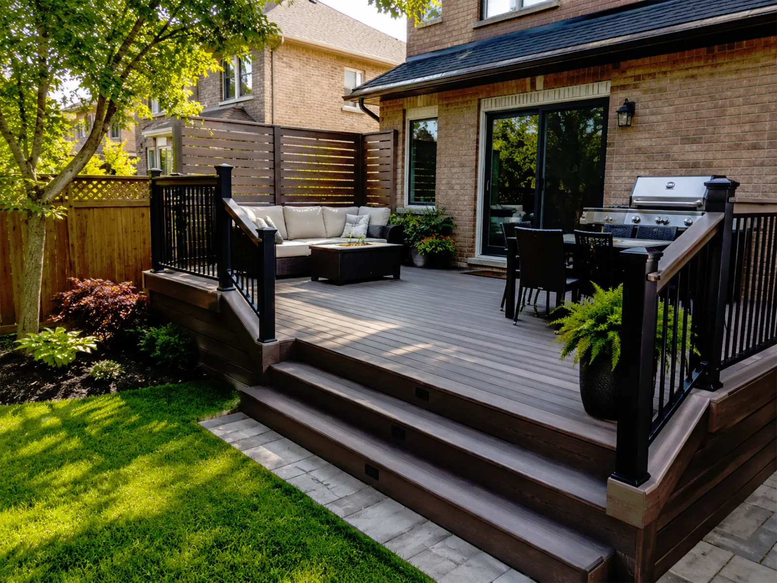 Finished deck renovation for a Toronto and GTA backyard with composite or wood decking direction, stairs, railings, privacy screen, outdoor seating, BBQ area, backyard access, and clean fascia and trim details