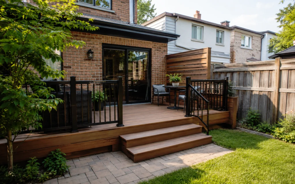 Deck renovation in a GTA backyard with wood-tone composite decking, black railings, privacy screen, stairs, and deck-to-yard transition
