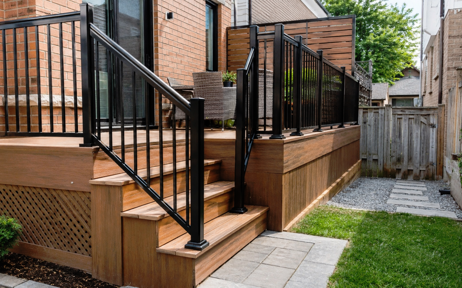 Deck stairs and railings in a GTA backyard with wood-tone decking, privacy screen, and clear transition from deck to yard