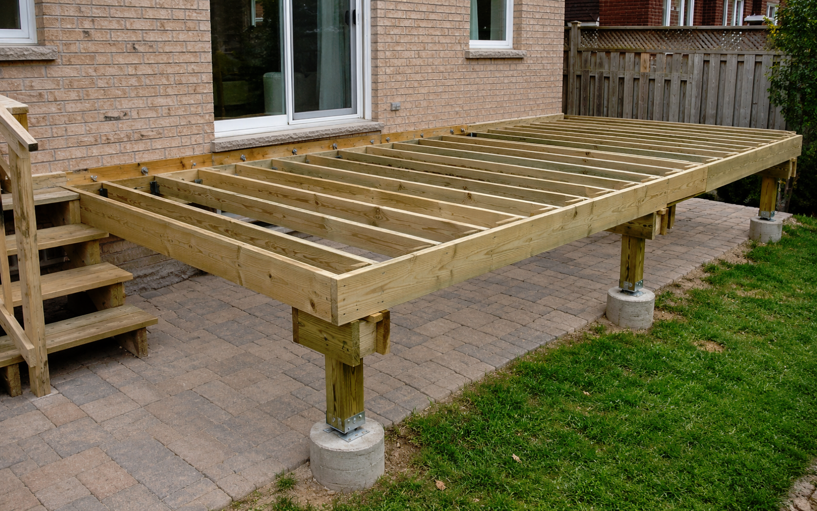 Existing deck structure review in a GTA backyard showing joists, posts, footings, and deck framing before replacement