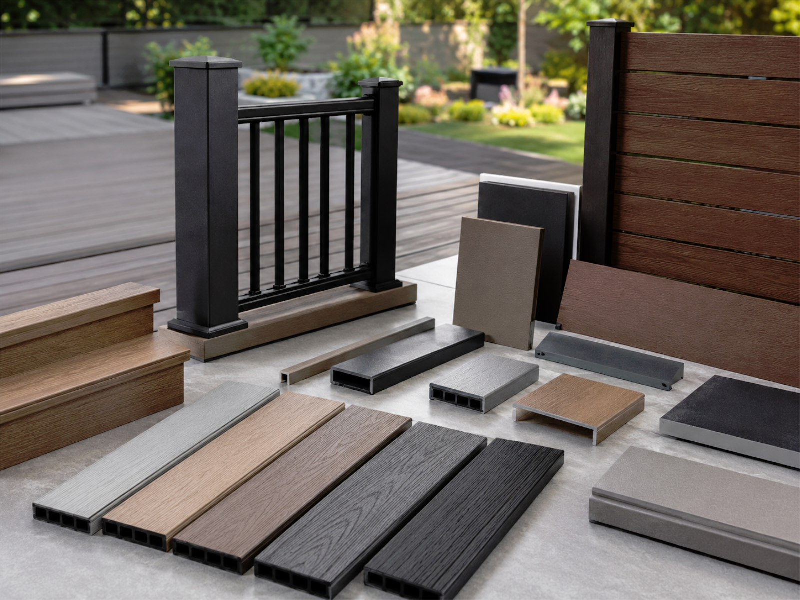 Decking, railing and outdoor privacy material options for a Toronto and GTA deck renovation with composite or WPC decking boards, colour and texture samples, railing details, privacy screen direction, fascia, trim, and outdoor finish coordination