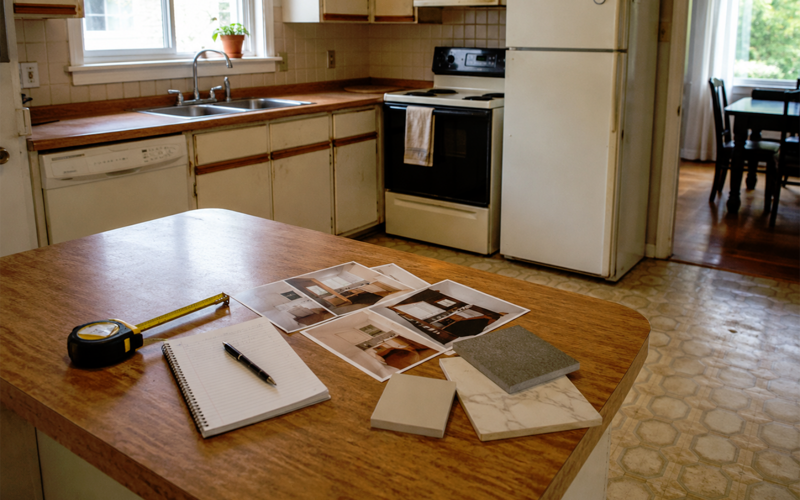 Existing kitchen condition review in a Toronto home with outdated cabinets, old appliances, measuring tape, notes, and finish samples before renovation budgeting