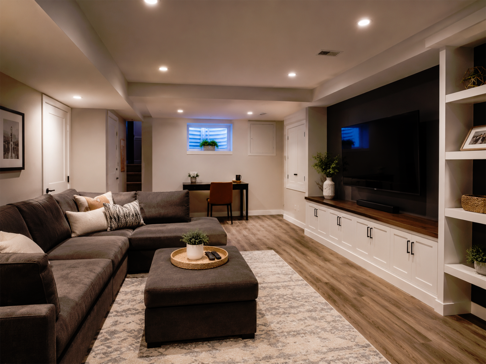 Finished basement renovation example with living space, lighting, flooring, and storage