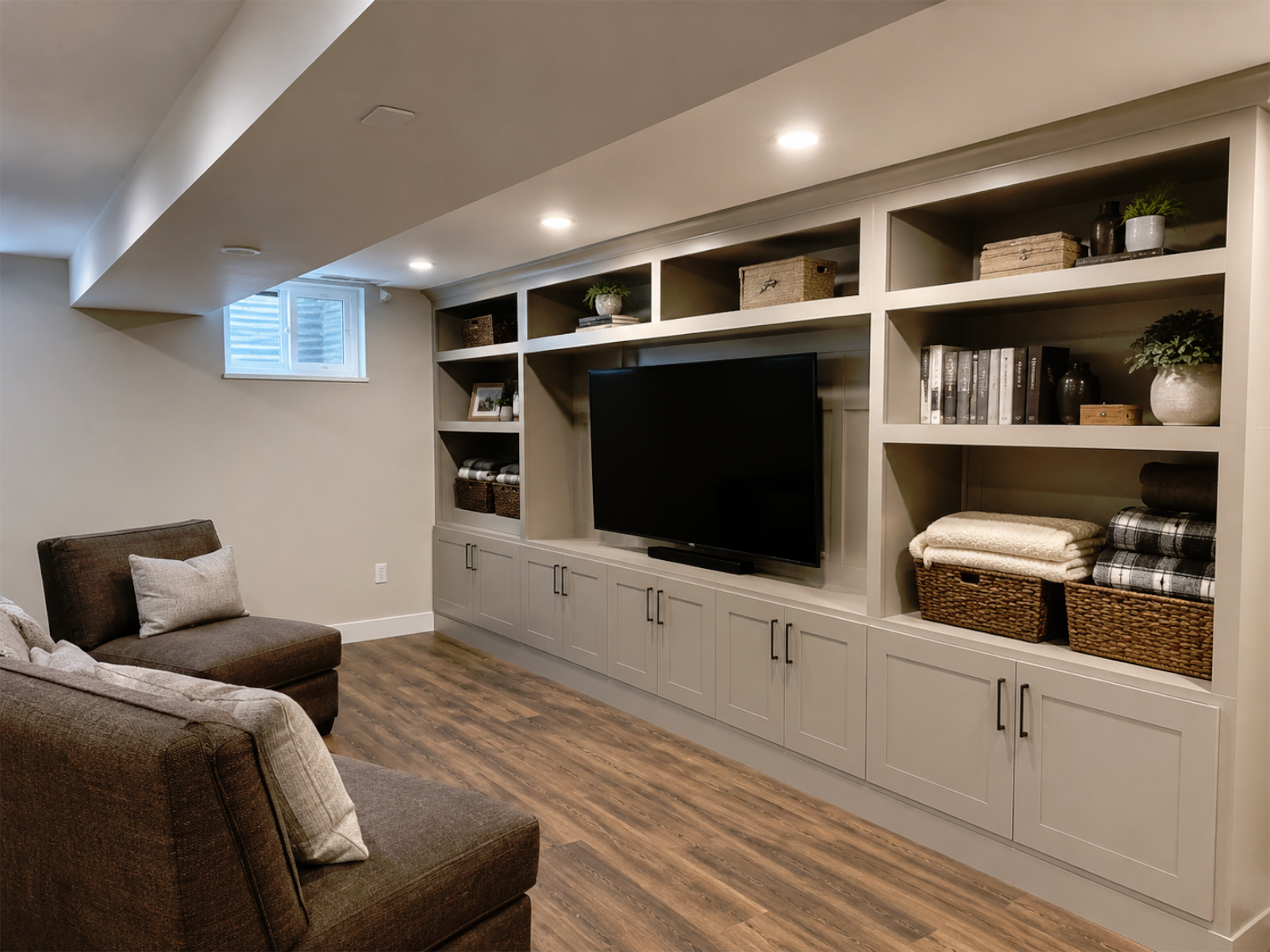 Basement renovation example with storage, media area, lighting, flooring, and seating
