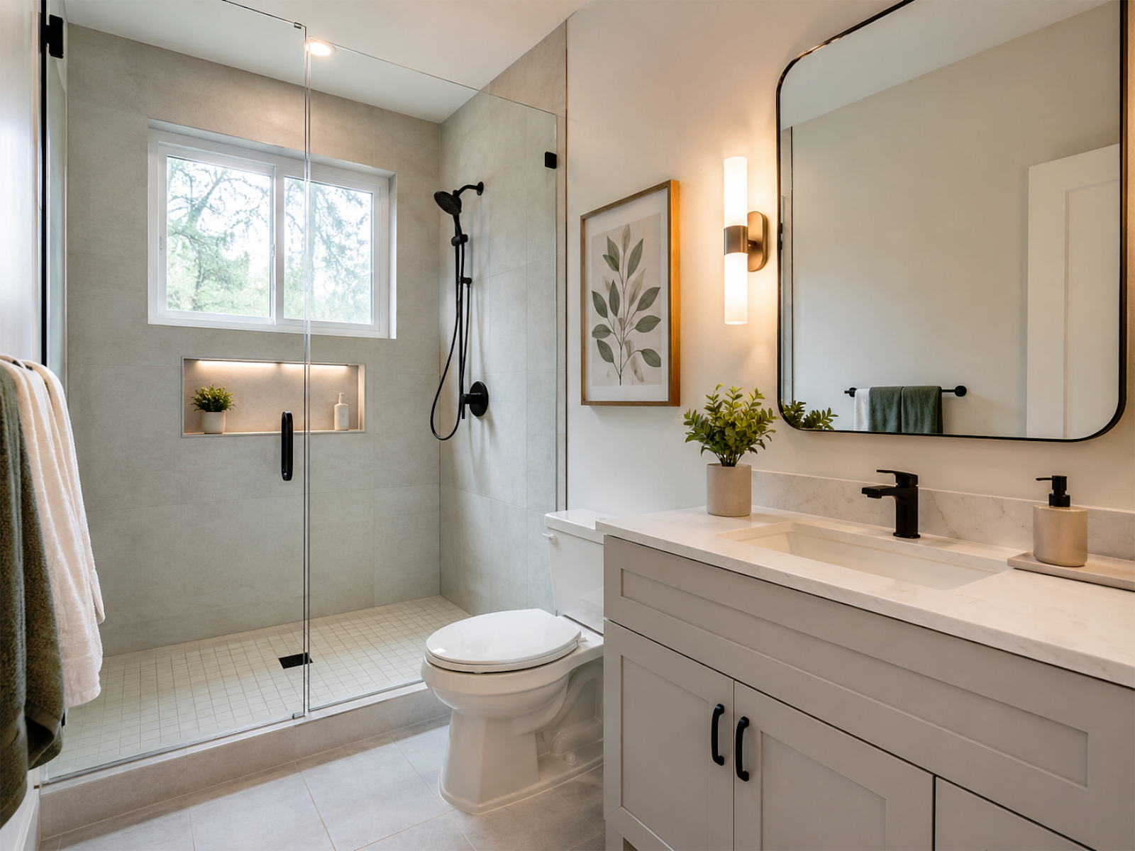 Clean bathroom renovation example with shower glass, vanity, tile, and lighting