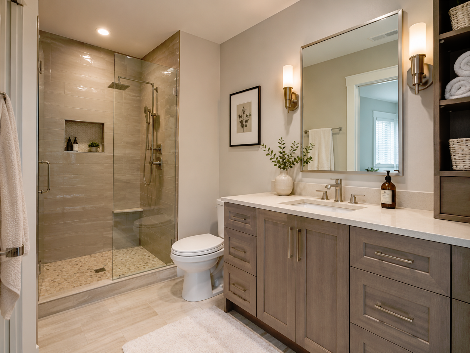 Bathroom renovation example with walk-in shower, vanity, mirror, and neutral tile