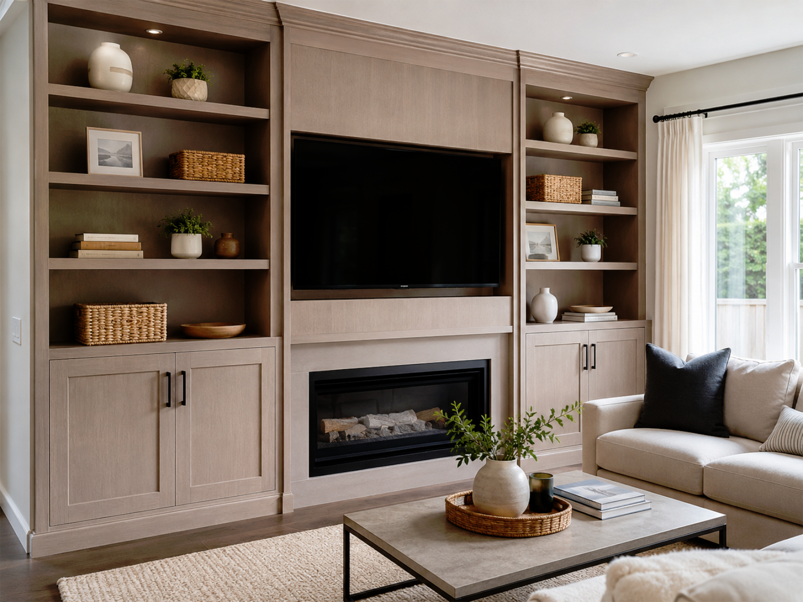 Custom cabinetry built-in storage example with shelving, cabinets, hardware, and finish coordination
