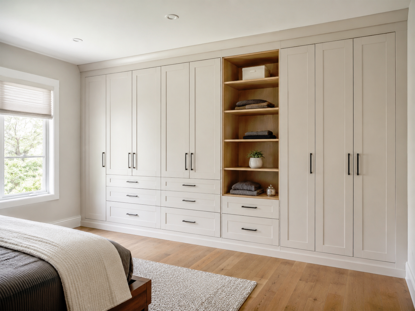 Custom cabinetry wardrobe and storage wall example with clean doors, shelving, and organized storage